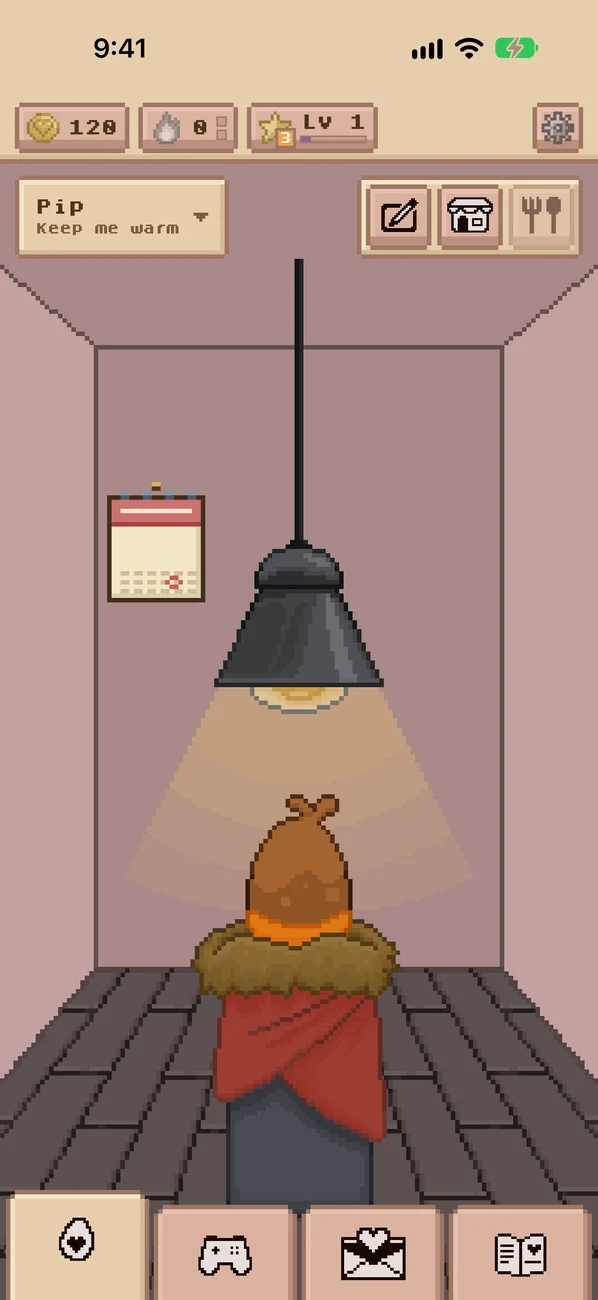 A pixel egg waiting to hatch in a cosy room