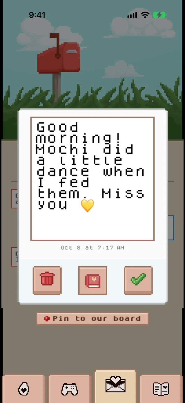 A handwritten pixel letter from a partner