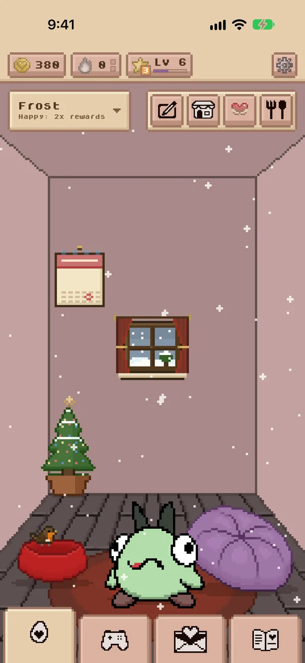 A snowy winter room with a little tree and a robin